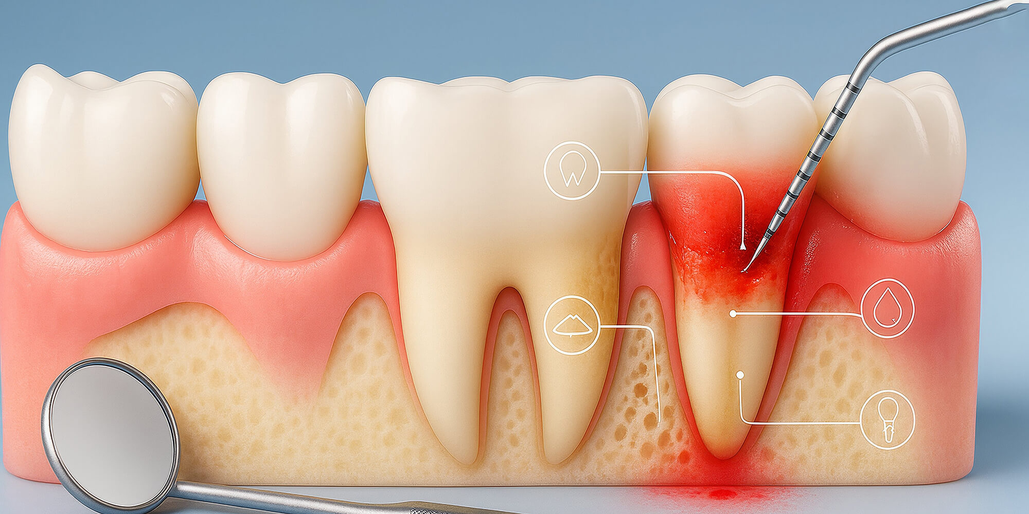 Grafische Darstellung eines entzündeten Zahns mit gerötetem Zahnfleisch; ein Parodontalsonde zeigt auf die vertiefte Zahnfleischtasche. Daneben liegen zahnärztliche Instrumente.