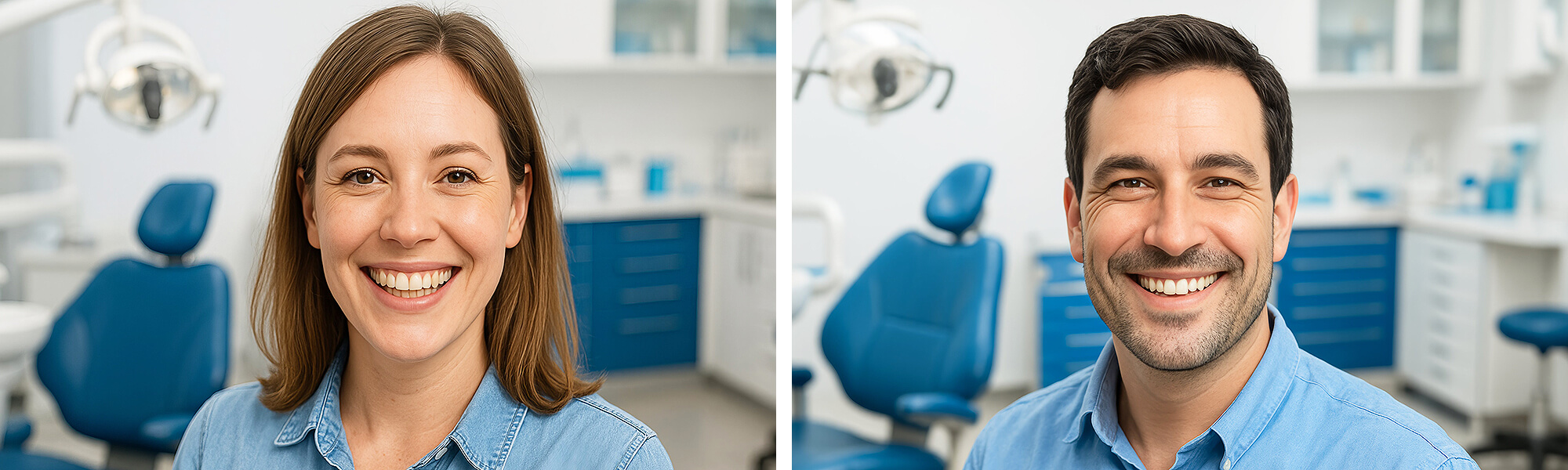 Zwei Personen in einer Zahnarztpraxis, beide freundlich lächelnd in Richtung Kamera.