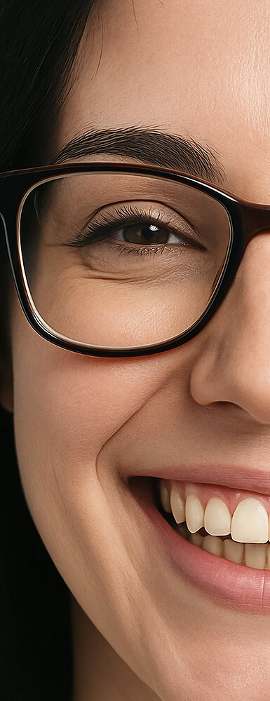 Nahaufnahme der linken Gesichtshälfte einer lächelnden Frau mit Brille; ihre Zähne sind sichtbar und wirken gepflegt.