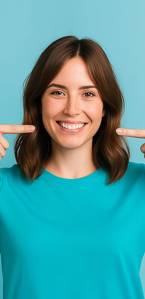 Frau mit schulterlangen braunen Haaren, die auf ihr freundliches, natürliches Lächeln zeigt.