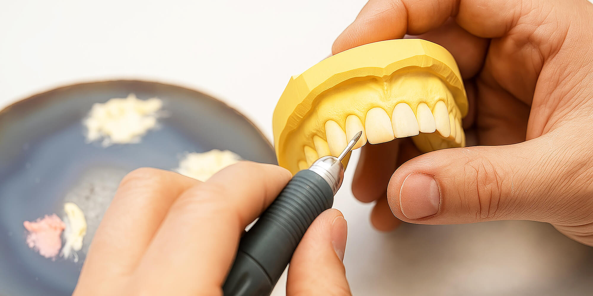 Zahntechniker arbeitet an einem Zahnmodell – Symbol für präzise Herstellung von Zahnersatz.