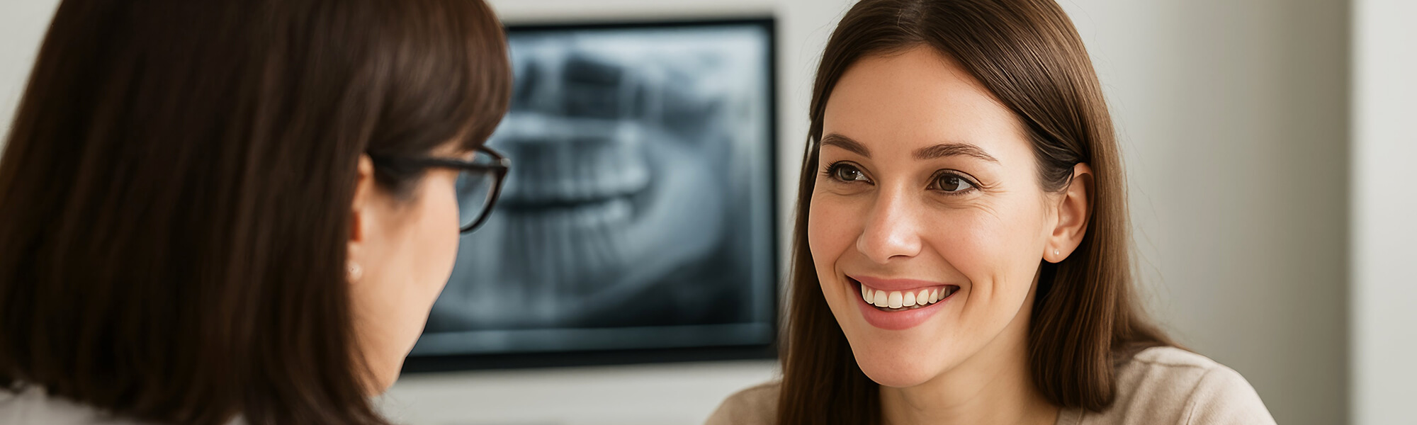 Zahnärztin im Gespräch mit einer Patientin, im Hintergrund ist ein Zahnröntgenbild sichtbar