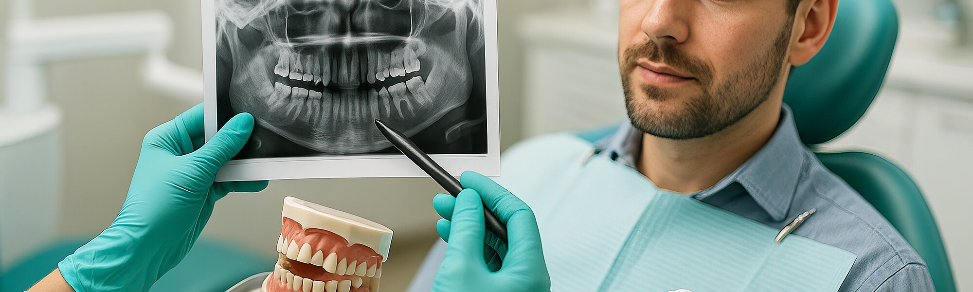 Zahnärztin zeigt dem Patienten ein Zahnröntgenbild und erläutert Details