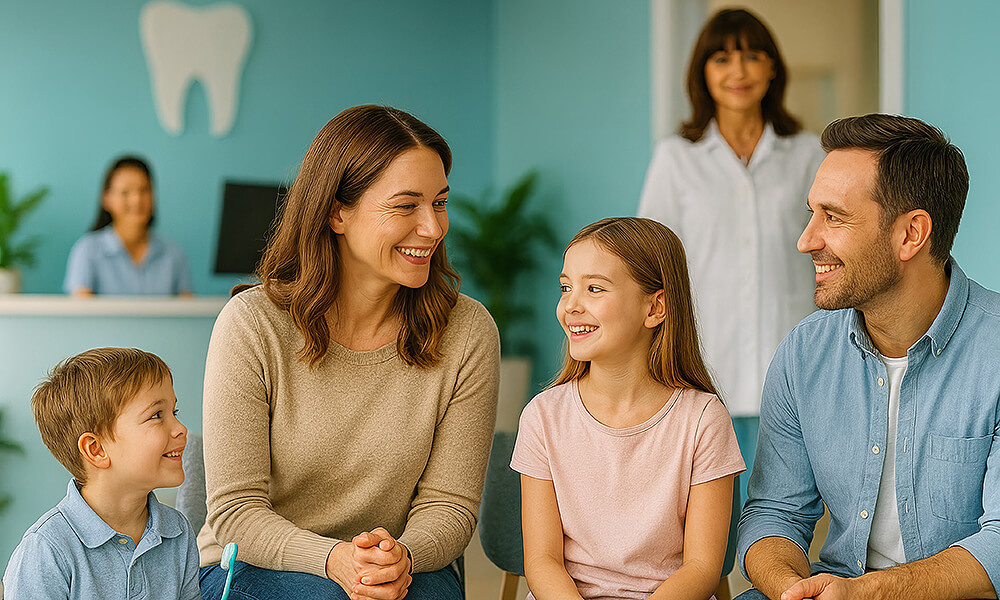 Familie sitzt gemeinsam im Wartebereich einer Zahnarztpraxis und lächelt.