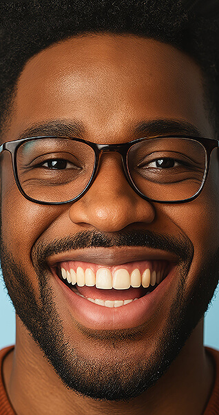 Nahaufnahme eines lächelnden Gesichts einer Person mit Brille und kurzem Bart.