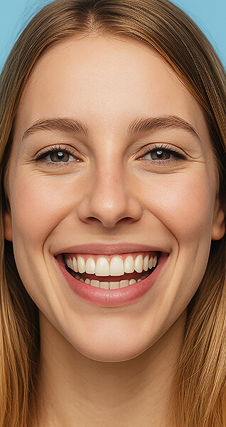 Nahaufnahme eines lächelnden Gesichts einer Person mit langen Haaren und hellen Augen.