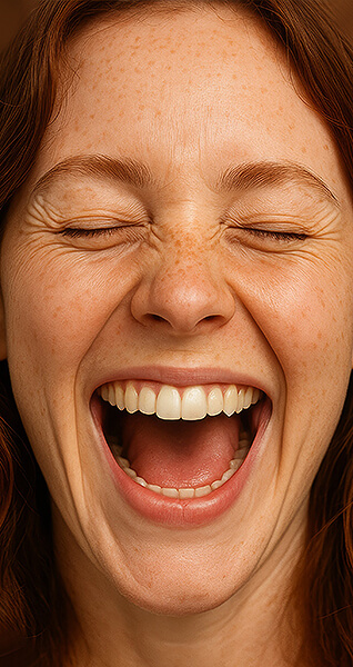 Nahaufnahme eines Gesichts einer lachenden Person mit geschlossenen Augen und geöffnetem Mund.