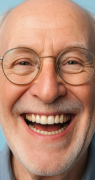 Nahaufnahme eines lächelnden Gesichts einer älteren Person mit Brille und sichtbaren Lachfalten.