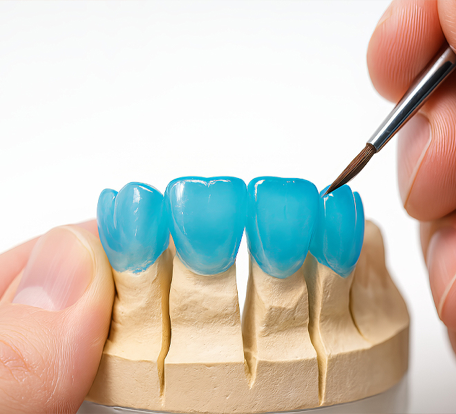 Zahntechniker modelliert Zahnkronen auf einem Zahnmodell mit einem feinen Pinsel zur präzisen Anpassung und Ästhetik.