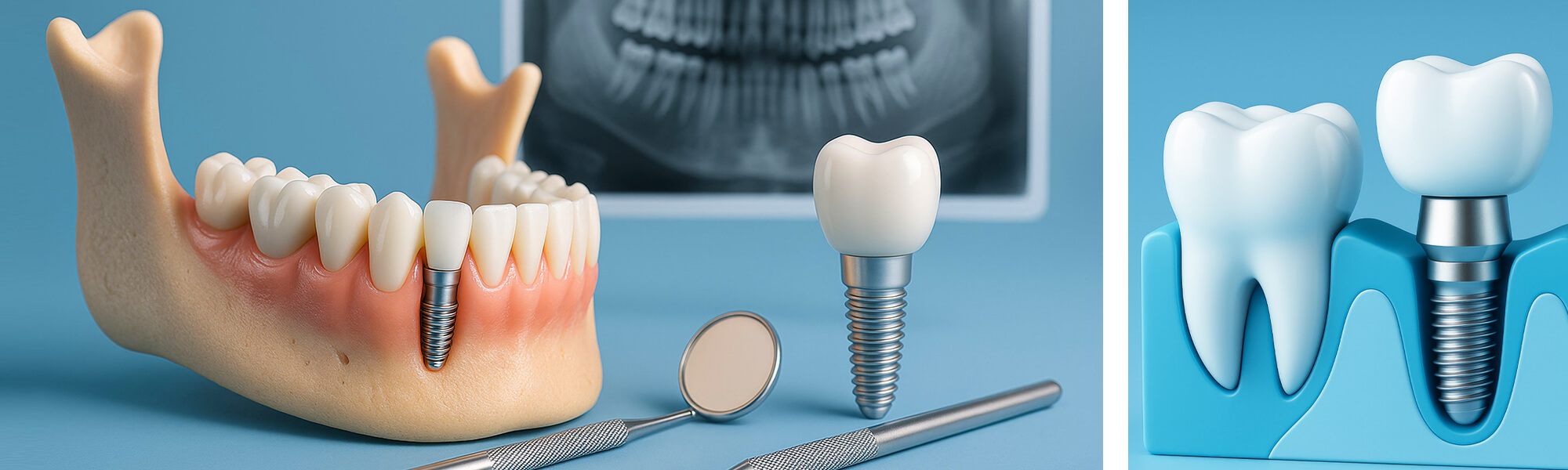 Grafische Darstellung eines Zahnimplantats im Kieferknochen mit eingesetzter Krone.