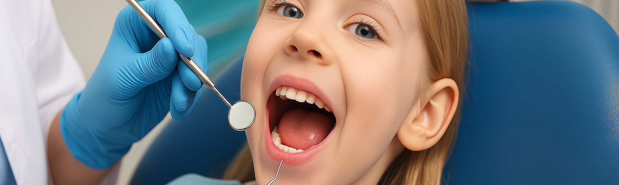 Kind sitzt auf dem Behandlungsstuhl und öffnet den Mund, während eine Zahnärztin mit blauen Handschuhen die Zähne mit einem Mundspiegel untersucht.