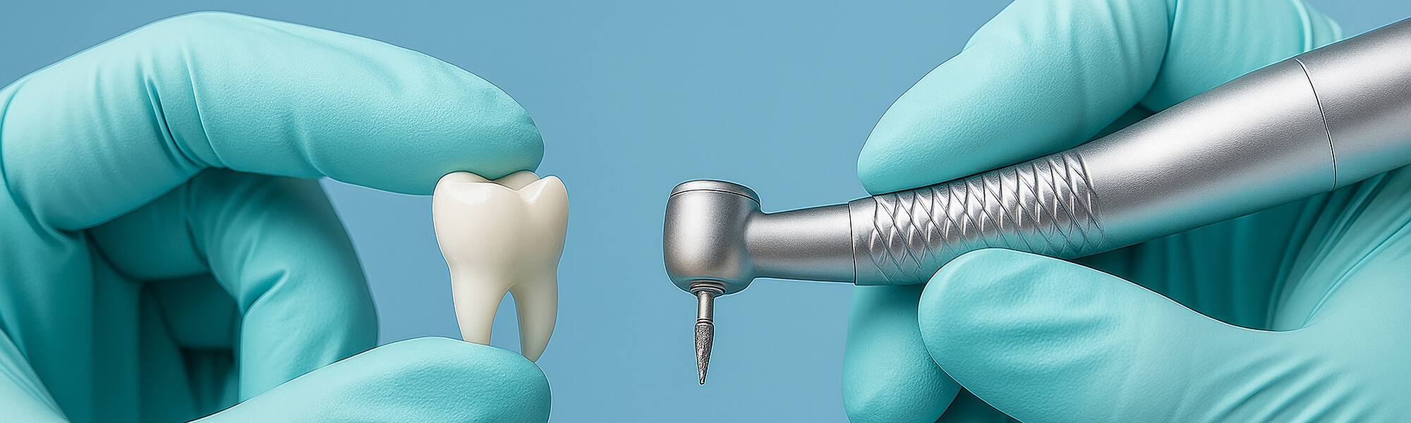 Eine Hand mit chirurgischem Handschuh hält ein Zahnmodell, daneben ein zahnärztliches Handstück für Behandlungen.