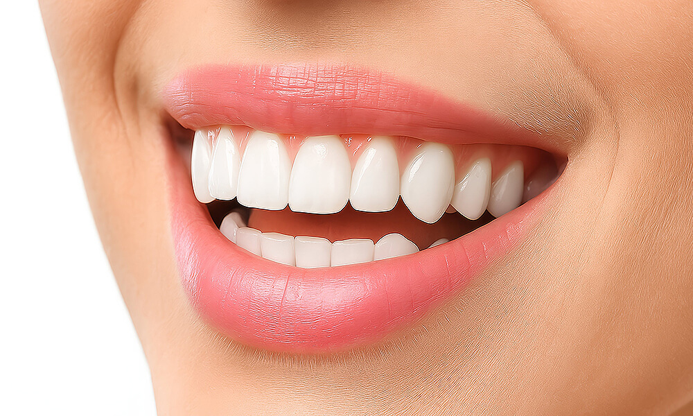 Nahaufnahme eines lächelnden Mundes mit glatten, weißen Zähnen und rosafarbenen Lippen.