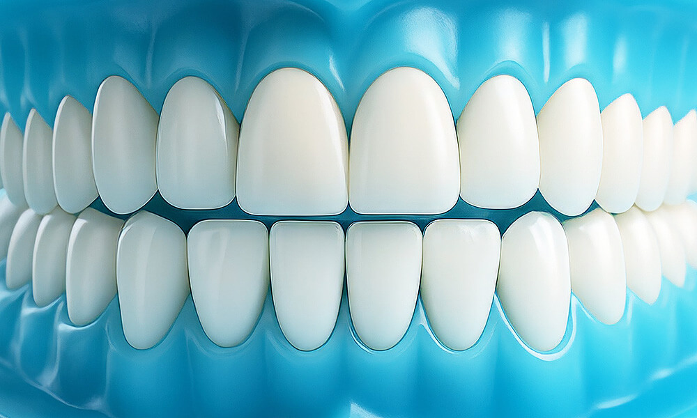 Detailansicht eines vollständigen Gebissmodells mit geschlossenen Zahnreihen, gleichmäßigen hellen Zähnen und glatter blauer Hintergrundfläche.